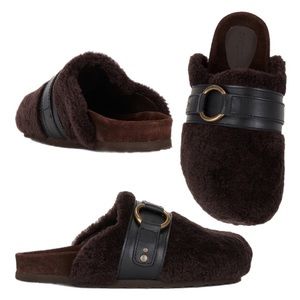 See By Chloe Dark Brown Shearling Mule Slides with Leather Strap